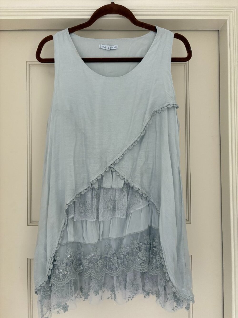 Tempo Paris Dress Silky Tiered Mini Ruffle Boho Sz S Blue Layered Whimsical Raw